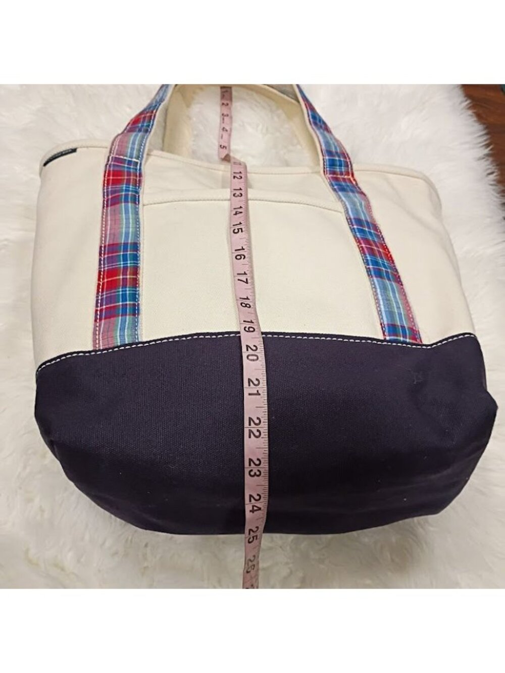 Lands End Tote Canvas Plaid Straps Cream Navy Large - Picture 5 of 10
